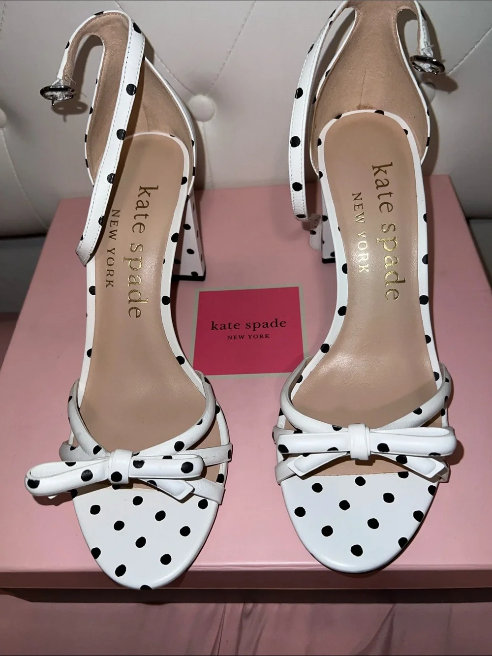 kate spade White with Black Polka Dot Bow Ankle-Strap Heels - Picture 2 of 8